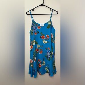 Peach Love California Floral Spaghetti Strap Swing Dress in Blue/Green Small
